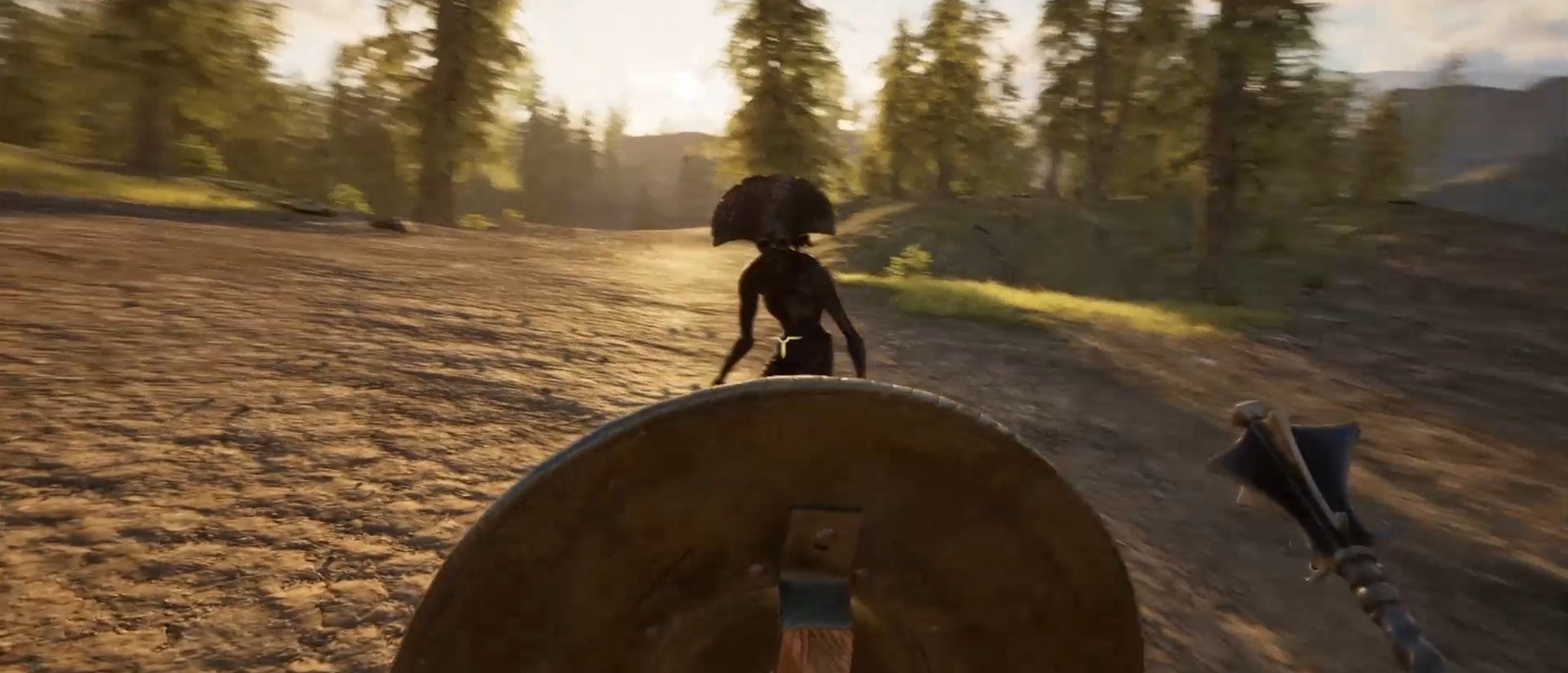 PROFANUM — first-person combat with shield raised against an approaching enemy